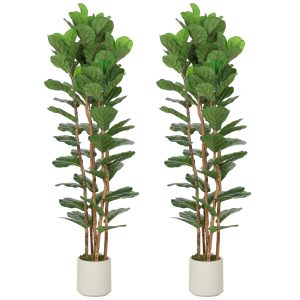 HOMCOM 6FT Artificial Fiddle Leaf Fig Tree Set of 2, Fake Potted Tree with Solid Wood Trunks for Indoor Decor, Green - Image 31
