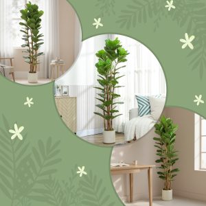 HOMCOM 6FT Artificial Fiddle Leaf Fig Tree Set of 2, Fake Potted Tree with Solid Wood Trunks for Indoor Decor, Green - Image 27
