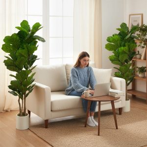 HOMCOM 6FT Artificial Fiddle Leaf Fig Tree Set of 2, Fake Potted Tree with Solid Wood Trunks for Indoor Decor, Green - Image 19