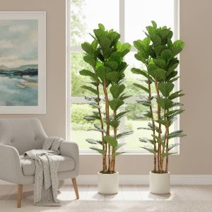 HOMCOM 6FT Artificial Fiddle Leaf Fig Tree Set of 2, Fake Potted Tree with Solid Wood Trunks for Indoor Decor, Green - Image 20