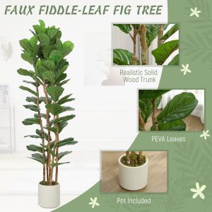 HOMCOM 6FT Artificial Fiddle Leaf Fig Tree Set of 2, Fake Potted Tree with Solid Wood Trunks for Indoor Decor, Green - Image 4