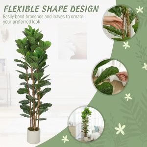 HOMCOM 6FT Artificial Fiddle Leaf Fig Tree Set of 2, Fake Potted Tree with Solid Wood Trunks for Indoor Decor, Green - Image 6