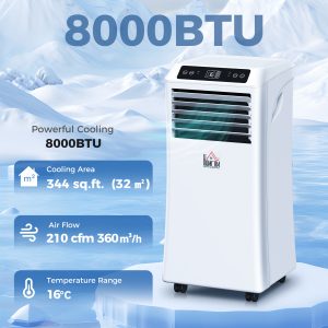 HOMCOM 8000BTU Mobile Portable Air Conditioner with Cooling, Dehumidifier, 2 Speed Fans, 24-Hour Timer for Bedroom, White - Image 1