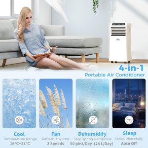 HOMCOM 8000BTU Mobile Portable Air Conditioner with Cooling, Dehumidifier, 2 Speed Fans, 24-Hour Timer for Bedroom, White - Image 4