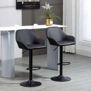 HOMCOM Adjustable Bar Stools Set of 2, Swivel Barstools with Footrest and Back, PU Leather and Steel Round Base, Black - Image 1