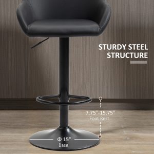 HOMCOM Adjustable Bar Stools Set of 2, Swivel Barstools with Footrest and Back, PU Leather and Steel Round Base, Black - Image 7