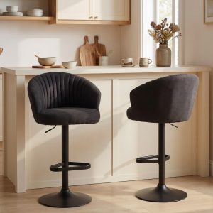 HOMCOM Adjustable Bar Stools Set of 2, Upholstered Kitchen Stools with Swivel Seat, Steel Frame, Footrest, Black - Image 1