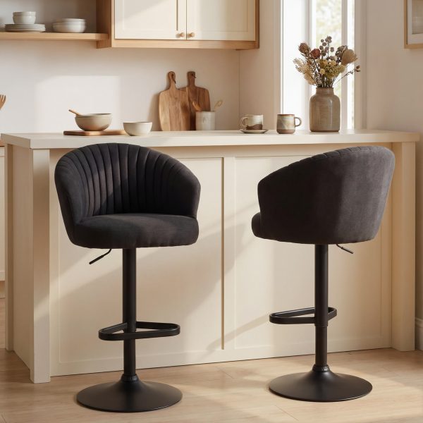 HOMCOM Adjustable Bar Stools Set of 2, Upholstered Kitchen Stools with Swivel Seat, Steel Frame, Footrest, Black - Image 1