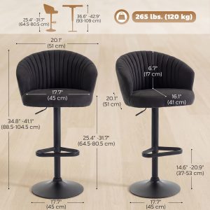 HOMCOM Adjustable Bar Stools Set of 2, Upholstered Kitchen Stools with Swivel Seat, Steel Frame, Footrest, Black - Image 3
