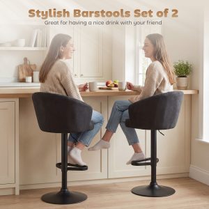 HOMCOM Adjustable Bar Stools Set of 2, Upholstered Kitchen Stools with Swivel Seat, Steel Frame, Footrest, Black - Image 4