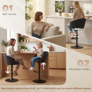 HOMCOM Adjustable Bar Stools Set of 2, Upholstered Kitchen Stools with Swivel Seat, Steel Frame, Footrest, Black - Image 5