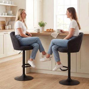 HOMCOM Adjustable Bar Stools Set of 2, Upholstered Kitchen Stools with Swivel Seat, Steel Frame, Footrest, Black - Image 7