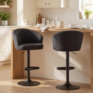 HOMCOM Adjustable Bar Stools Set of 2, Upholstered Kitchen Stools with Swivel Seat, Steel Frame, Footrest, Black - Image 8