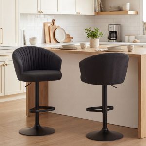 HOMCOM Adjustable Bar Stools Set of 2, Upholstered Kitchen Stools with Swivel Seat, Steel Frame, Footrest, Black - Image 9