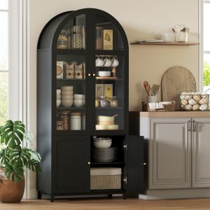 HOMCOM Arched Kitchen Pantry Cabinet, 71" Tall Farmhouse Kitchen Storage Cabinet with Acrylic Glass Doors, Black - Image 1
