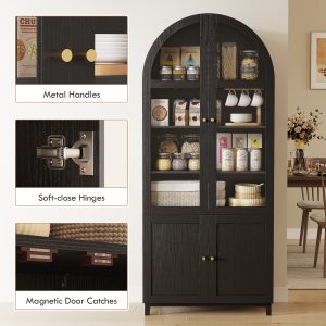 HOMCOM Arched Kitchen Pantry Cabinet, 71" Tall Farmhouse Kitchen Storage Cabinet with Acrylic Glass Doors, Black - Image 16