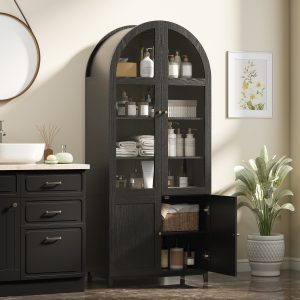 HOMCOM Arched Kitchen Pantry Cabinet, 71" Tall Farmhouse Kitchen Storage Cabinet with Acrylic Glass Doors, Black - Image 19