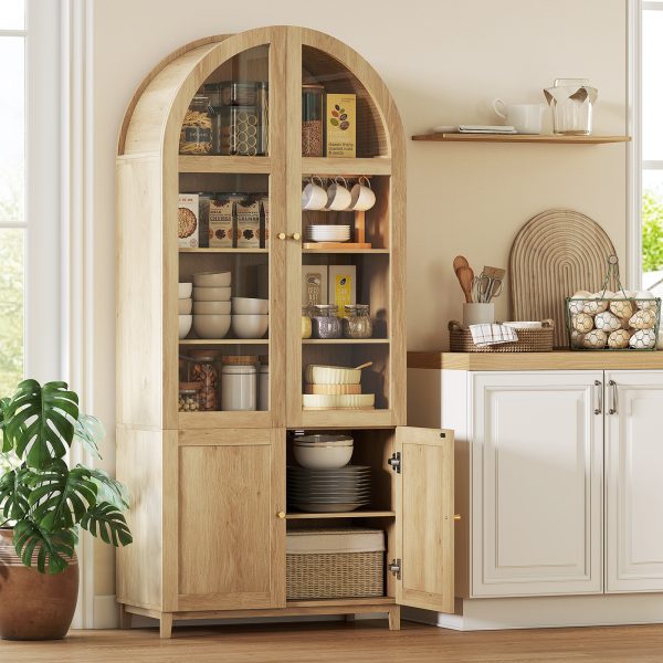 HOMCOM Arched Kitchen Pantry Cabinet, 71" Tall Farmhouse Kitchen Storage Cabinet with Acrylic Glass Doors, Oak - Image 1