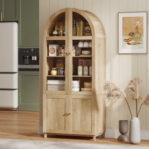 HOMCOM Arched Kitchen Pantry Cabinet, 71" Tall Farmhouse Kitchen Storage Cabinet with Acrylic Glass Doors, Oak - Image 27