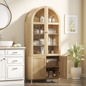 HOMCOM Arched Kitchen Pantry Cabinet, 71" Tall Farmhouse Kitchen Storage Cabinet with Acrylic Glass Doors, Oak - Image 29