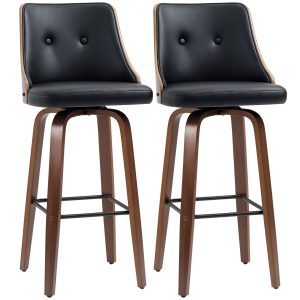 HOMCOM Bar Height Bar Stools Set of 2, PU Leather Upholstered Swivel Barstools with Solid Wood Legs Footrest and Tufted Back, Black - Image 2