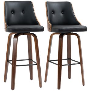 HOMCOM Bar Height Bar Stools Set of 2, PU Leather Upholstered Swivel Barstools with Solid Wood Legs Footrest and Tufted Back, Black - Image 13