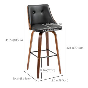 HOMCOM Bar Height Bar Stools Set of 2, PU Leather Upholstered Swivel Barstools with Solid Wood Legs Footrest and Tufted Back, Black - Image 3