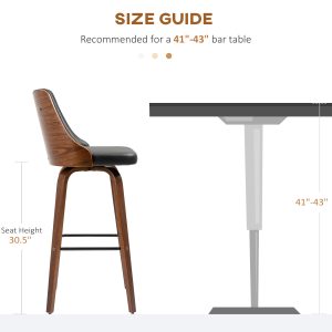 HOMCOM Bar Height Bar Stools Set of 2, PU Leather Upholstered Swivel Barstools with Solid Wood Legs Footrest and Tufted Back, Black - Image 4