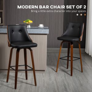 HOMCOM Bar Height Bar Stools Set of 2, PU Leather Upholstered Swivel Barstools with Solid Wood Legs Footrest and Tufted Back, Black - Image 7