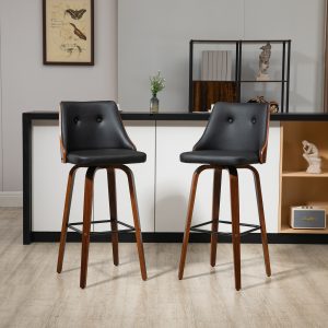 HOMCOM Bar Height Bar Stools Set of 2, PU Leather Upholstered Swivel Barstools with Solid Wood Legs Footrest and Tufted Back, Black - Image 9