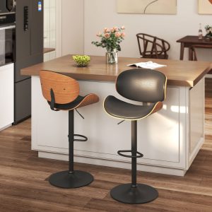 HOMCOM Bar Stools Set of 2, Modern PU Leather Adjustable Swivel Barstools with Curved Back, Footrest and Steel Base, Black - Image 1
