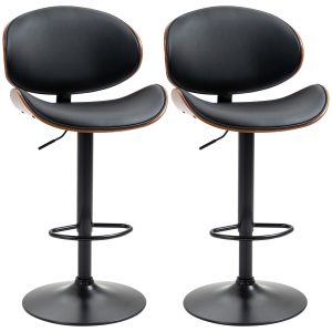 HOMCOM Bar Stools Set of 2, Modern PU Leather Adjustable Swivel Barstools with Curved Back, Footrest and Steel Base, Black - Image 2