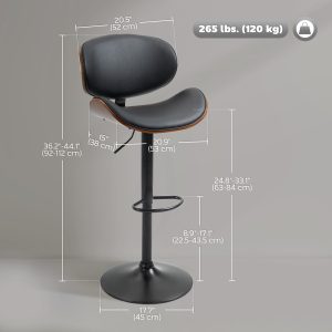 HOMCOM Bar Stools Set of 2, Modern PU Leather Adjustable Swivel Barstools with Curved Back, Footrest and Steel Base, Black - Image 3