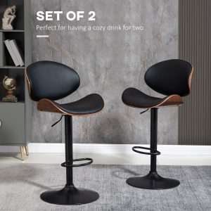 HOMCOM Bar Stools Set of 2, Modern PU Leather Adjustable Swivel Barstools with Curved Back, Footrest and Steel Base, Black - Image 4