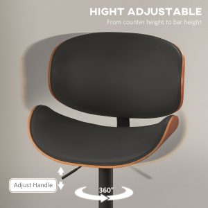 HOMCOM Bar Stools Set of 2, Modern PU Leather Adjustable Swivel Barstools with Curved Back, Footrest and Steel Base, Black - Image 5