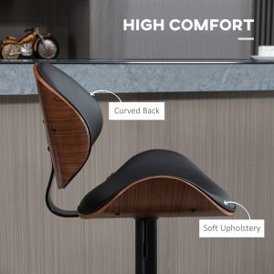 HOMCOM Bar Stools Set of 2, Modern PU Leather Adjustable Swivel Barstools with Curved Back, Footrest and Steel Base, Black - Image 6