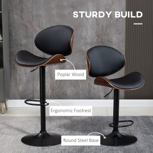 HOMCOM Bar Stools Set of 2, Modern PU Leather Adjustable Swivel Barstools with Curved Back, Footrest and Steel Base, Black - Image 7