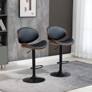 HOMCOM Bar Stools Set of 2, Modern PU Leather Adjustable Swivel Barstools with Curved Back, Footrest and Steel Base, Black - Image 8