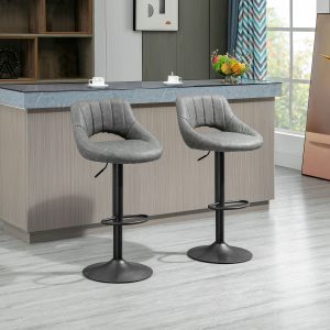 HOMCOM Bar Stools Set of 2, Swivel Counter Height Barstools with Adjustable Height and Cutout Back, Faux Leather Upholstered Bar Chairs with Round Metal Base and Footrest, Grey - Image 1