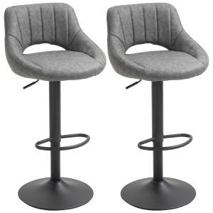 HOMCOM Bar Stools Set of 2, Swivel Counter Height Barstools with Adjustable Height and Cutout Back, Faux Leather Upholstered Bar Chairs with Round Metal Base and Footrest, Grey - Image 2