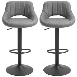 HOMCOM Bar Stools Set of 2, Swivel Counter Height Barstools with Adjustable Height and Cutout Back, Faux Leather Upholstered Bar Chairs with Round Metal Base and Footrest, Grey - Image 12