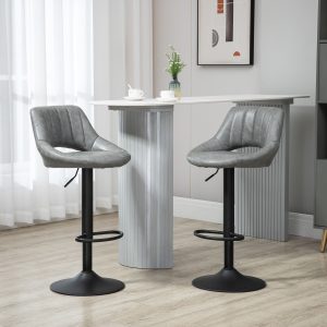 HOMCOM Bar Stools Set of 2, Swivel Counter Height Barstools with Adjustable Height and Cutout Back, Faux Leather Upholstered Bar Chairs with Round Metal Base and Footrest, Grey - Image 9