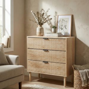 HOMCOM Bedroom Chest of Drawers, 3 Drawer Dresser with Fluted Panels and Solid Wood Legs, Storage Cabinet for Living Room, Oak - Image 1