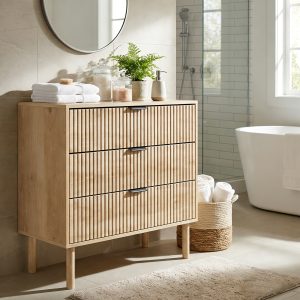 HOMCOM Bedroom Chest of Drawers, 3 Drawer Dresser with Fluted Panels and Solid Wood Legs, Storage Cabinet for Living Room, Oak - Image 11