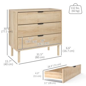 HOMCOM Bedroom Chest of Drawers, 3 Drawer Dresser with Fluted Panels and Solid Wood Legs, Storage Cabinet for Living Room, Oak - Image 3