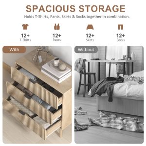 HOMCOM Bedroom Chest of Drawers, 3 Drawer Dresser with Fluted Panels and Solid Wood Legs, Storage Cabinet for Living Room, Oak - Image 5