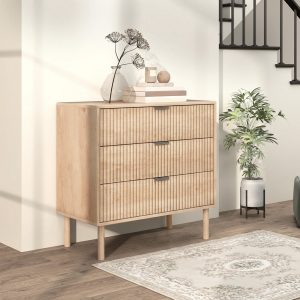 HOMCOM Bedroom Chest of Drawers, 3 Drawer Dresser with Fluted Panels and Solid Wood Legs, Storage Cabinet for Living Room, Oak - Image 8