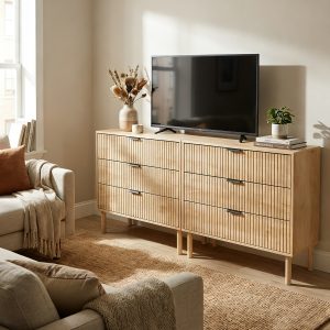 HOMCOM Bedroom Chest of Drawers, 3 Drawer Dresser with Fluted Panels and Solid Wood Legs, Storage Cabinet for Living Room, Oak - Image 10