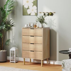 HOMCOM Bedroom Chest of Drawers, 4 Drawer Dresser with Fluted Panels and Solid Wood Legs, Anti-slip Foot Pads, Storage Cabinet for Living Room, Oak - Image 1