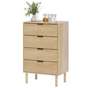 HOMCOM Bedroom Chest of Drawers, 4 Drawer Dresser with Fluted Panels and Solid Wood Legs, Anti-slip Foot Pads, Storage Cabinet for Living Room, Oak - Image 2